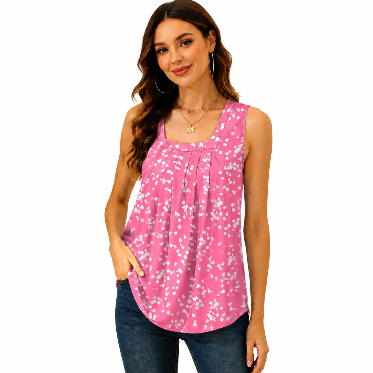 Special Sale💖Summer Tank Tops for Women Loose Fit Pleated Square Neck Sleeveless Tops Curved Hem Flowy