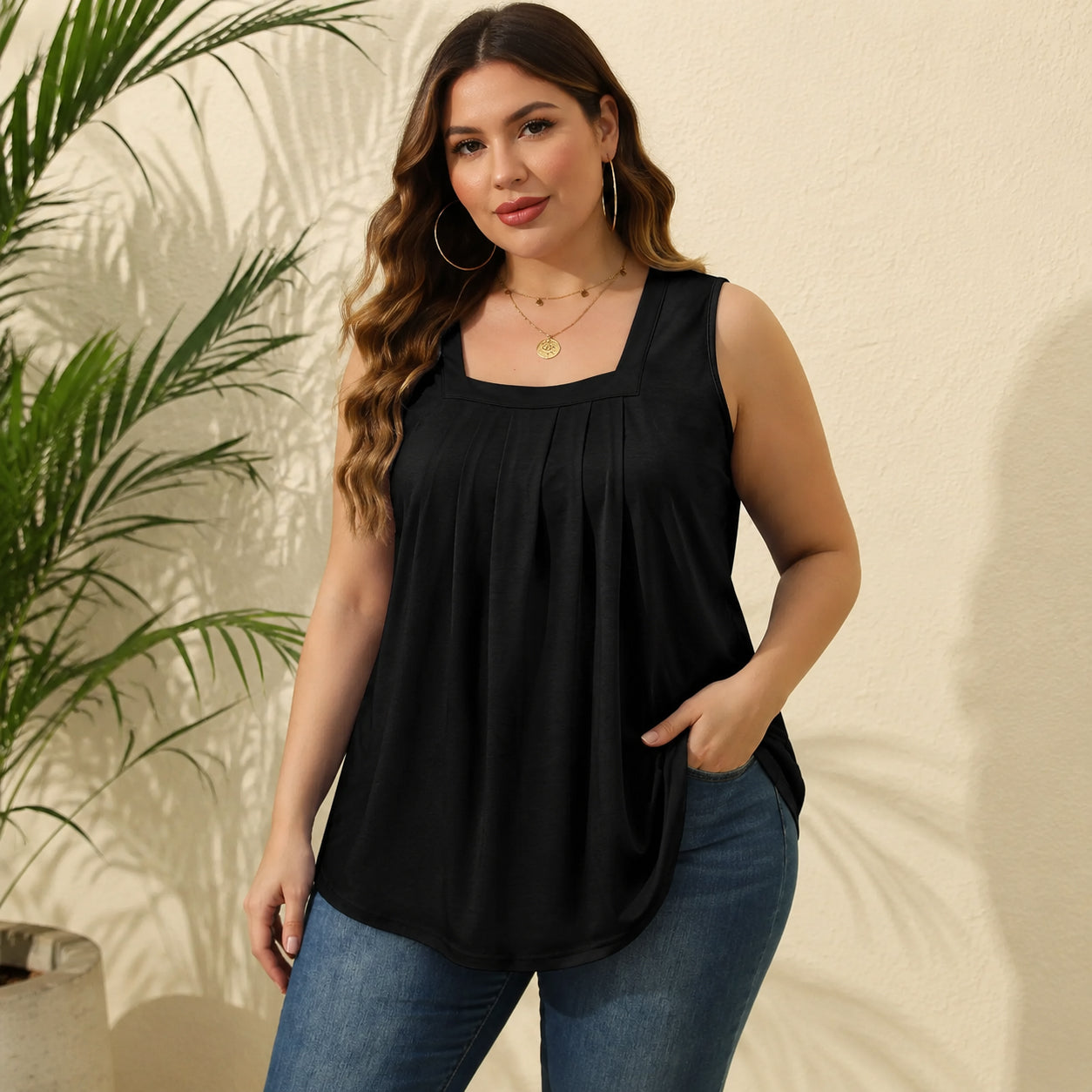 Special Sale💖Summer Tank Tops for Women Loose Fit Pleated Square Neck Sleeveless Tops Curved Hem Flowy