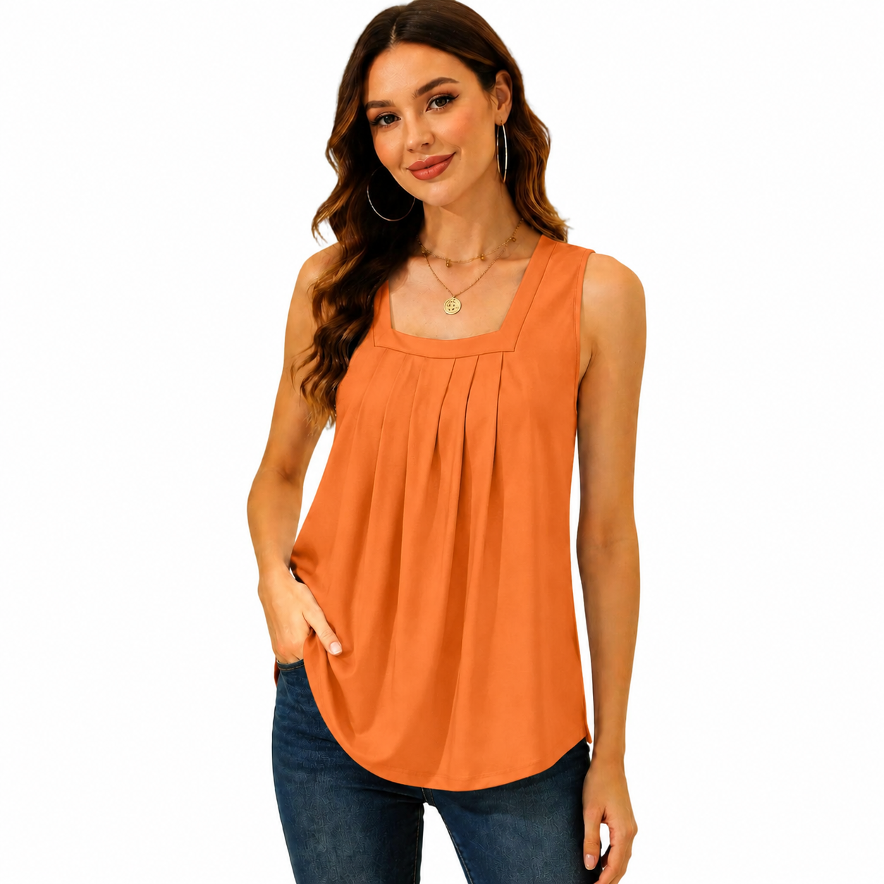Special Sale💖Summer Tank Tops for Women Loose Fit Pleated Square Neck Sleeveless Tops Curved Hem Flowy