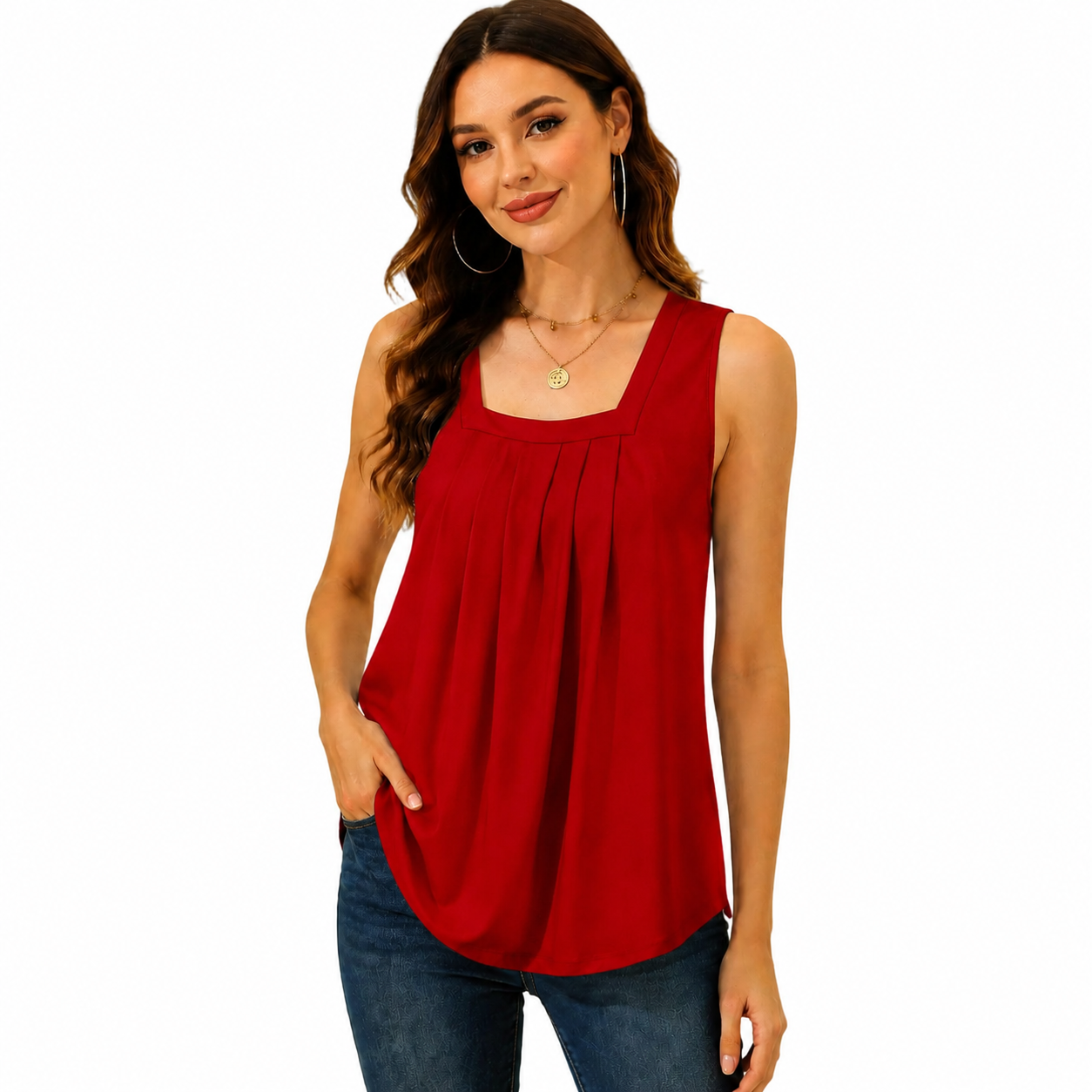 Special Sale💖Summer Tank Tops for Women Loose Fit Pleated Square Neck Sleeveless Tops Curved Hem Flowy