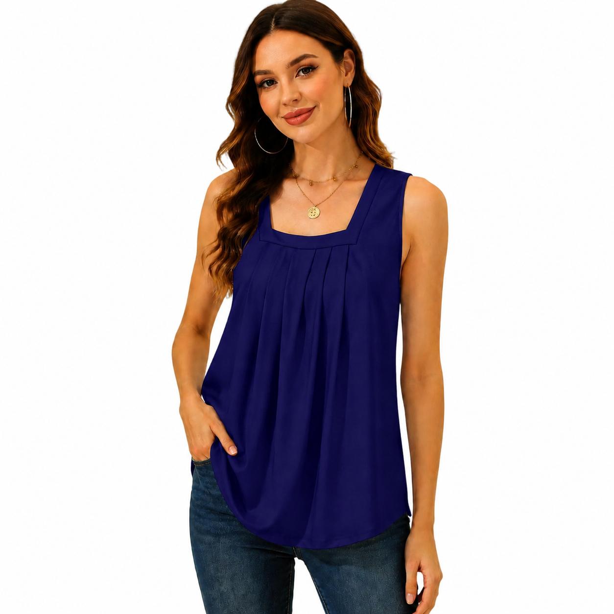 Special Sale💖Summer Tank Tops for Women Loose Fit Pleated Square Neck Sleeveless Tops Curved Hem Flowy