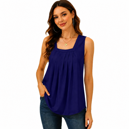 Special Sale💖Summer Tank Tops for Women Loose Fit Pleated Square Neck Sleeveless Tops Curved Hem Flowy