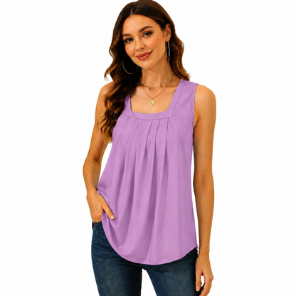Special Sale💖Summer Tank Tops for Women Loose Fit Pleated Square Neck Sleeveless Tops Curved Hem Flowy
