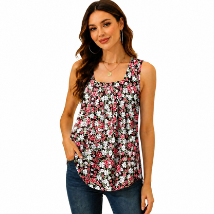 Special Sale💖Summer Tank Tops for Women Loose Fit Pleated Square Neck Sleeveless Tops Curved Hem Flowy