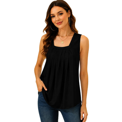 Special Sale💖Summer Tank Tops for Women Loose Fit Pleated Square Neck Sleeveless Tops Curved Hem Flowy
