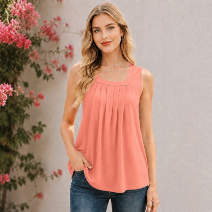 Special Sale💖Summer Tank Tops for Women Loose Fit Pleated Square Neck Sleeveless Tops Curved Hem Flowy