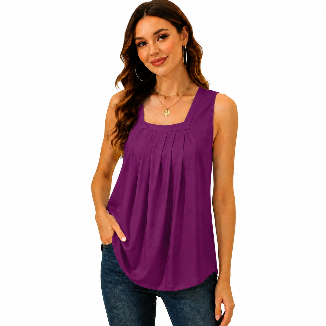 Special Sale💖Summer Tank Tops for Women Loose Fit Pleated Square Neck Sleeveless Tops Curved Hem Flowy